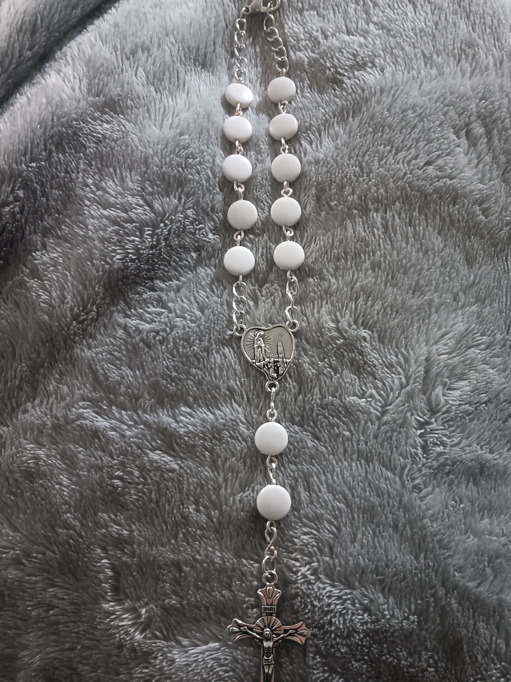 White Bead Silver Car Rosary with Heart Center